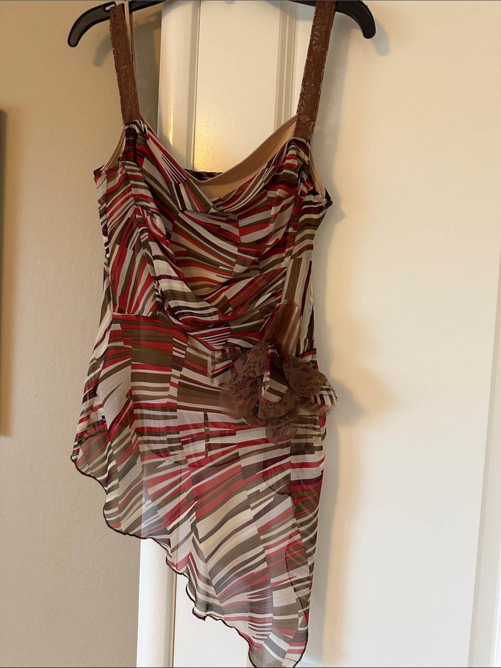 Vintage BCBGMaxAzria Multicolor Striped Silk Cowl Neck Camisole with Lace Flower